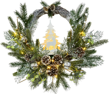 Flocked Christmas Wreath with Silver Ornaments Reindeer and Timer