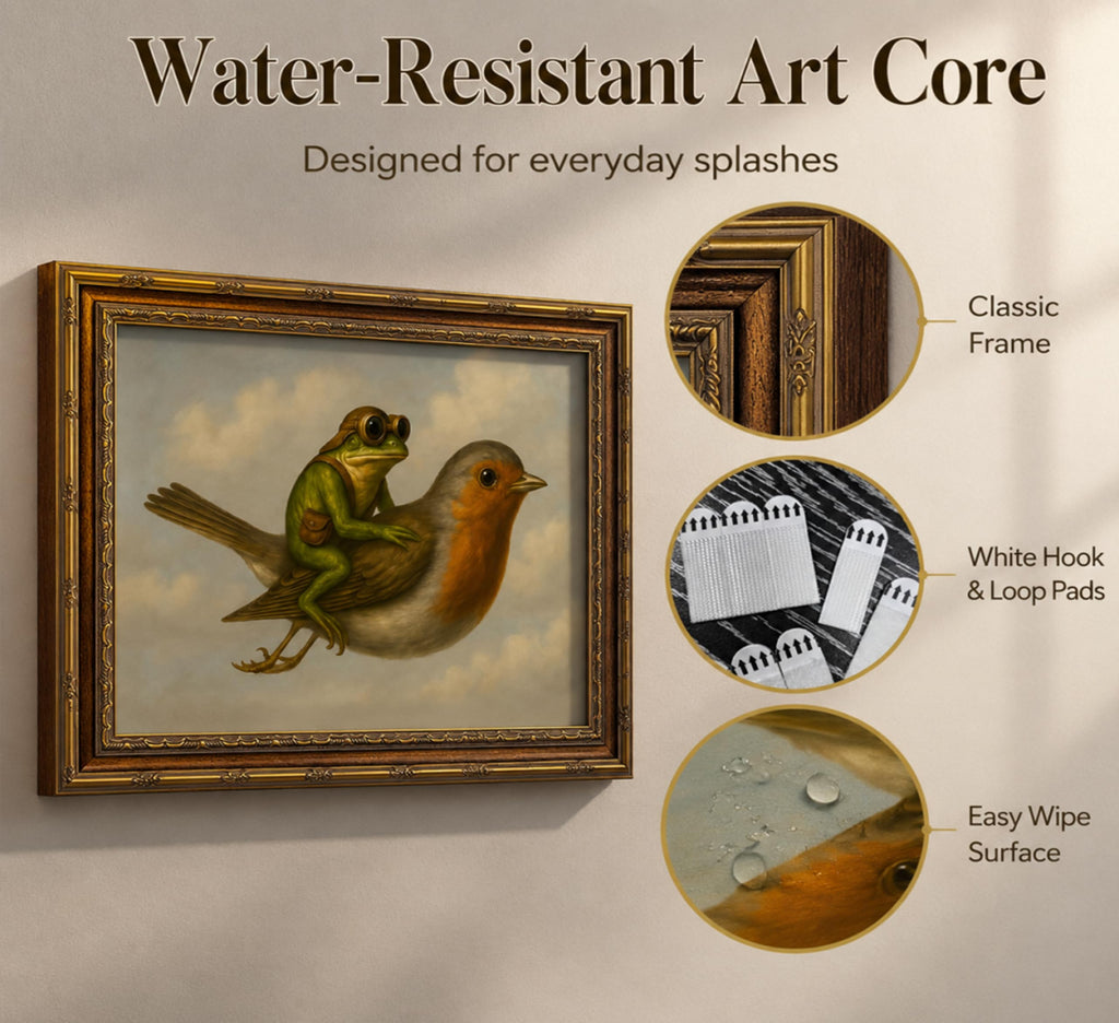Vintage Gold Framed Whimsical Frog Robin Wall Art, Frog Riding Bird Oil Painting Canvas Print, Whimsical Animal