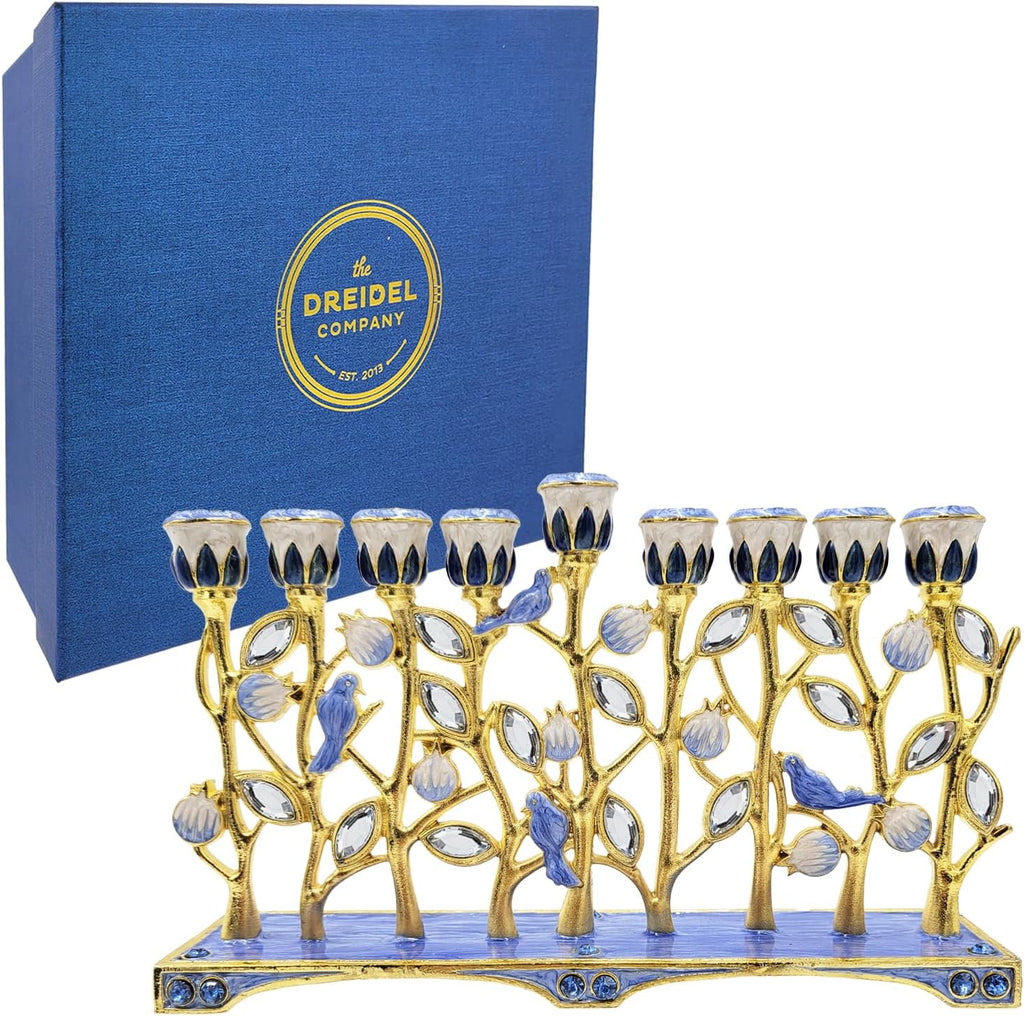 Hanukkah Enamel Pomegranate & Blue Bird Design, Hand-Painted Enameled Metal This Ornate 9 Branch Measures 12" High X