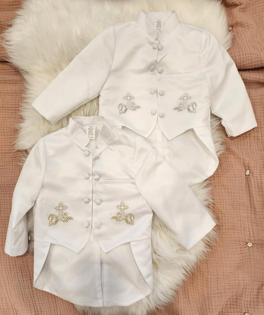 IGilrDress Baby/Toddler/Boys White Baptism Christening Mandarin Collar Tail 5 pcs Tuxedo with Cross Embroidery