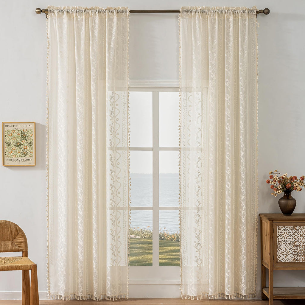 Boho Lace Curtains 2 Panels 84 Inches -Cute Vintage Victorian Sheer Panel Drape French Country Floral Pattern &