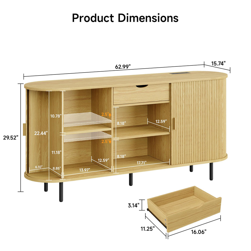 63" Sideboard Buffet Cabinet with Storage Drawer & Shelves, Oak