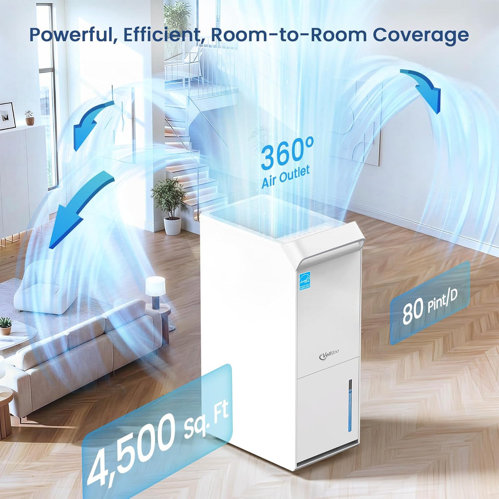 4,500 Sq.Ft Energy Star Most Efficient 2025 Dehumidifier, Max 80 Pint/D Dehumidifier for Basement with Drain Hose