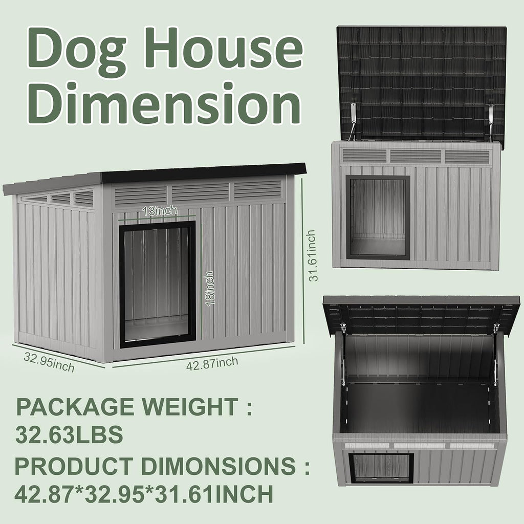 Large Dog House, Weatherproof Resin Large Dog House Outdoor with Sloped Roof & Ventilation, Indoor Outdoor Dog House
