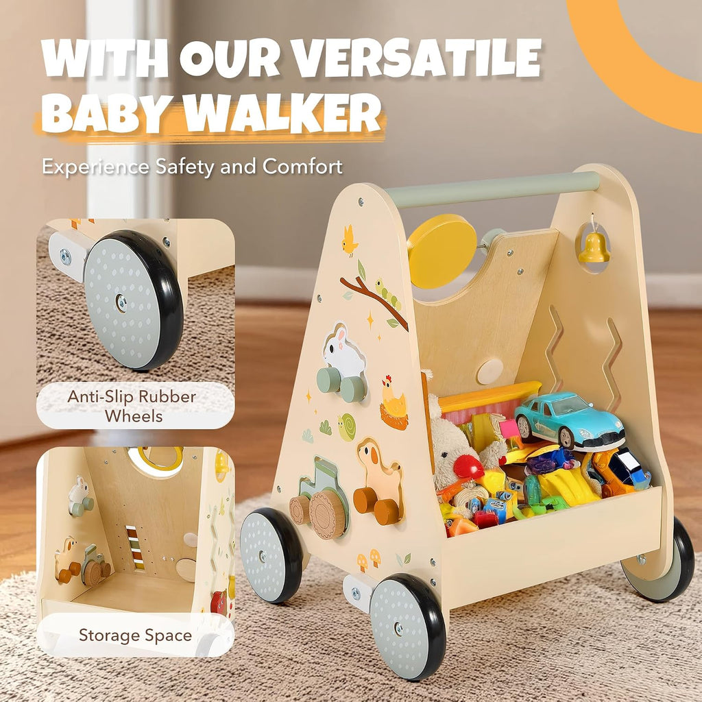 Wooden Baby Push Walker, Baby Walker with Activity Center for Girls Boys, Montessori Sensory Push Toys for Babies