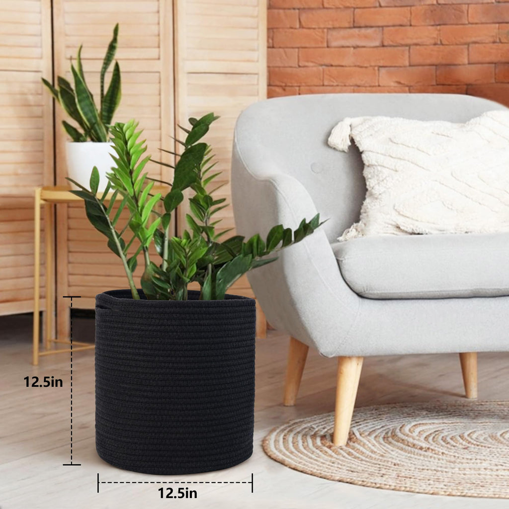 Cotton Rope Plant Basket, Woven Basket Planter for 11 inch Pot, Round Indoor Tree Pot Cover, Storage Bin Organizer
