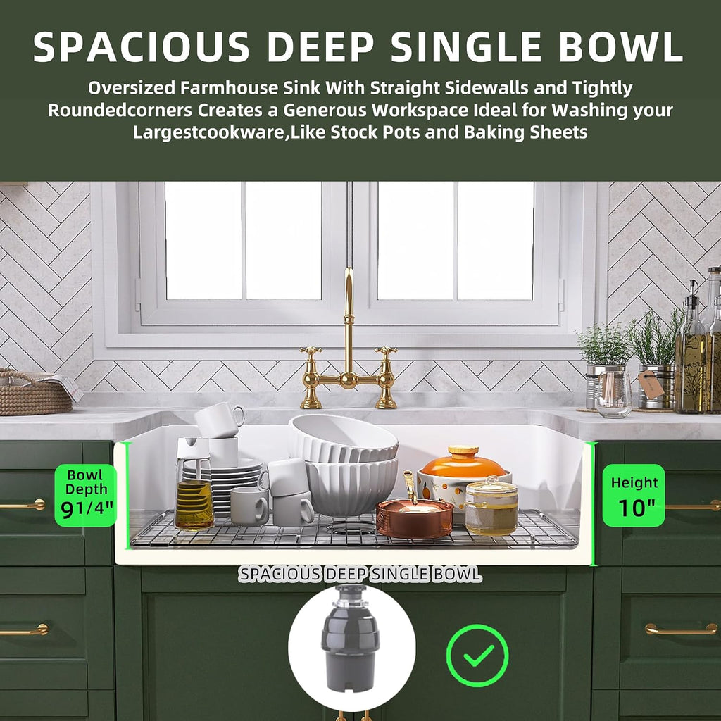 White Farmhouse Sink 36 inch Fireclay Farm Sink Apron Front Single Bowl Kitchen Sinks Deep Large Capacity Porcelain