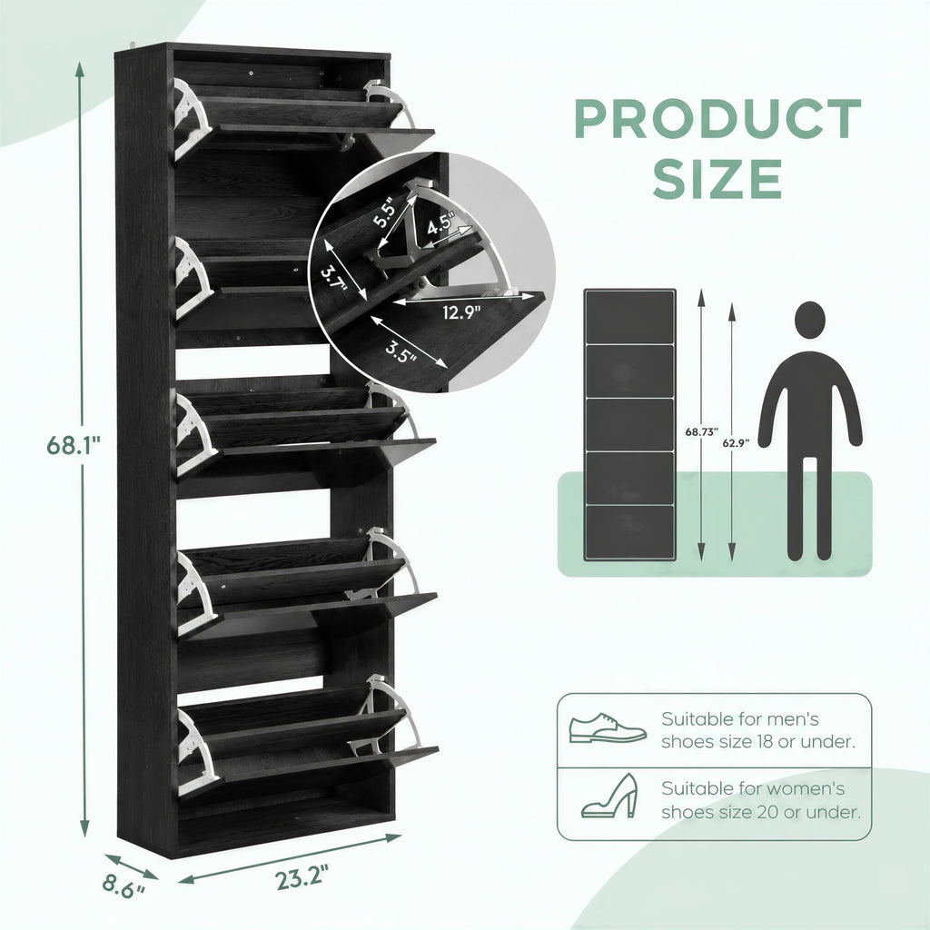 Mirror Shoe Cabinet with 5 Flip Drawers, Shoe Rack Storage Organizer, Entryway Shoe Cabinet for Front Door, Hallway