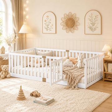 Montessori Floor Bed with High Rails, Door & Slats for Kids, White