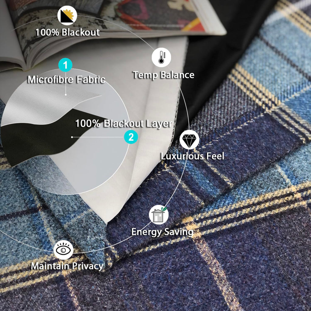 100% Blackout Woolen Look Plaid Curtains Modern Window Panels Navy Blue Checkered Tartan Curtains Bedroom 2 Panels