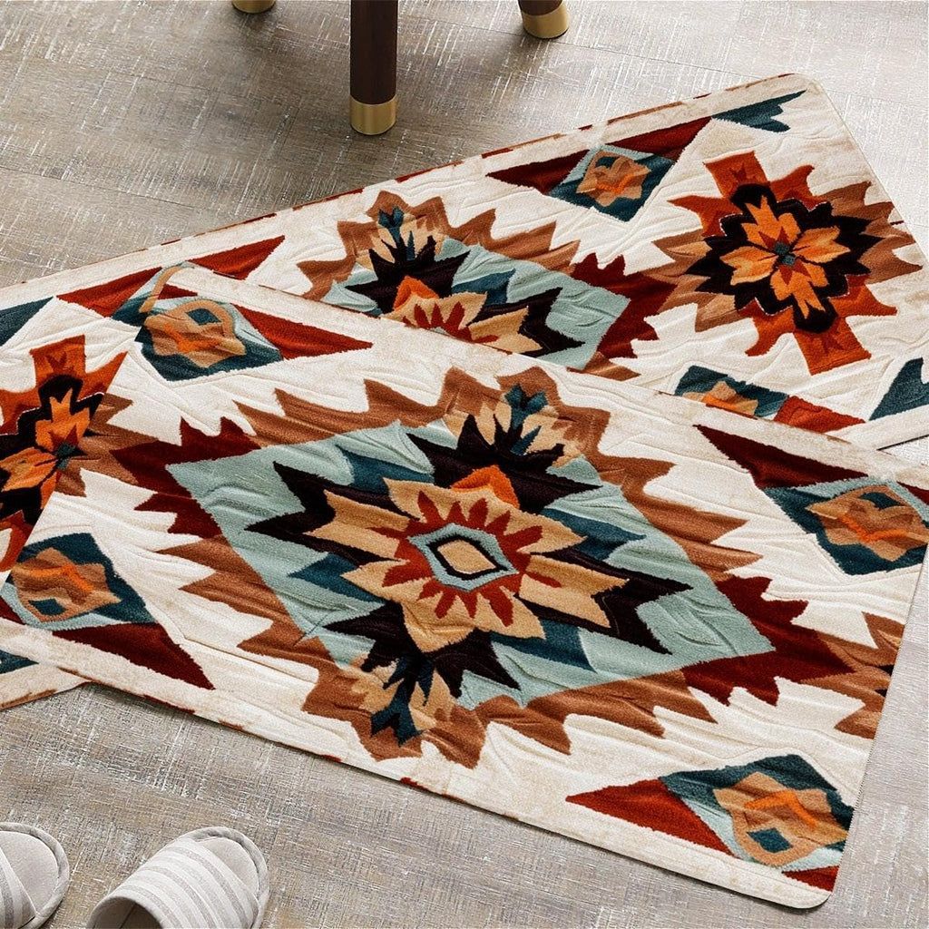 Rustic Navajo Kitchen Rugs Set of 2, Aztec Geometric Cotton Blend Linen Non Slip Kitchen Floor Mats Bedroom Bathroom
