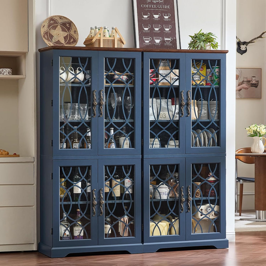 67" Tall Bookshelf, Rustic Book Shelf w/Vintage Pattern Tempered Glass Doors, 5-Tier Wood Bookcase with Adjustable