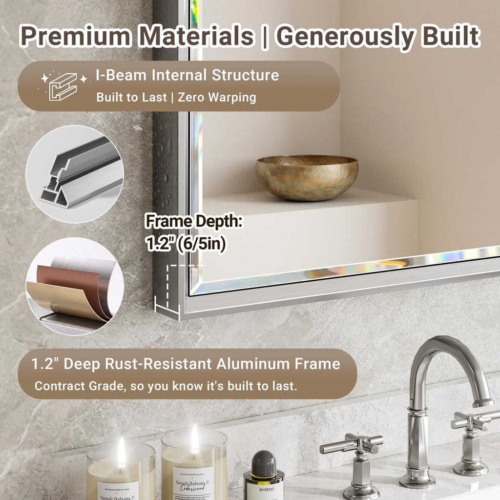 60'' x 36'' Large Beveled Silver Bathroom Vanity Mirror, Shatterproof Rectangle Silver Metal Framed Mirror Wall