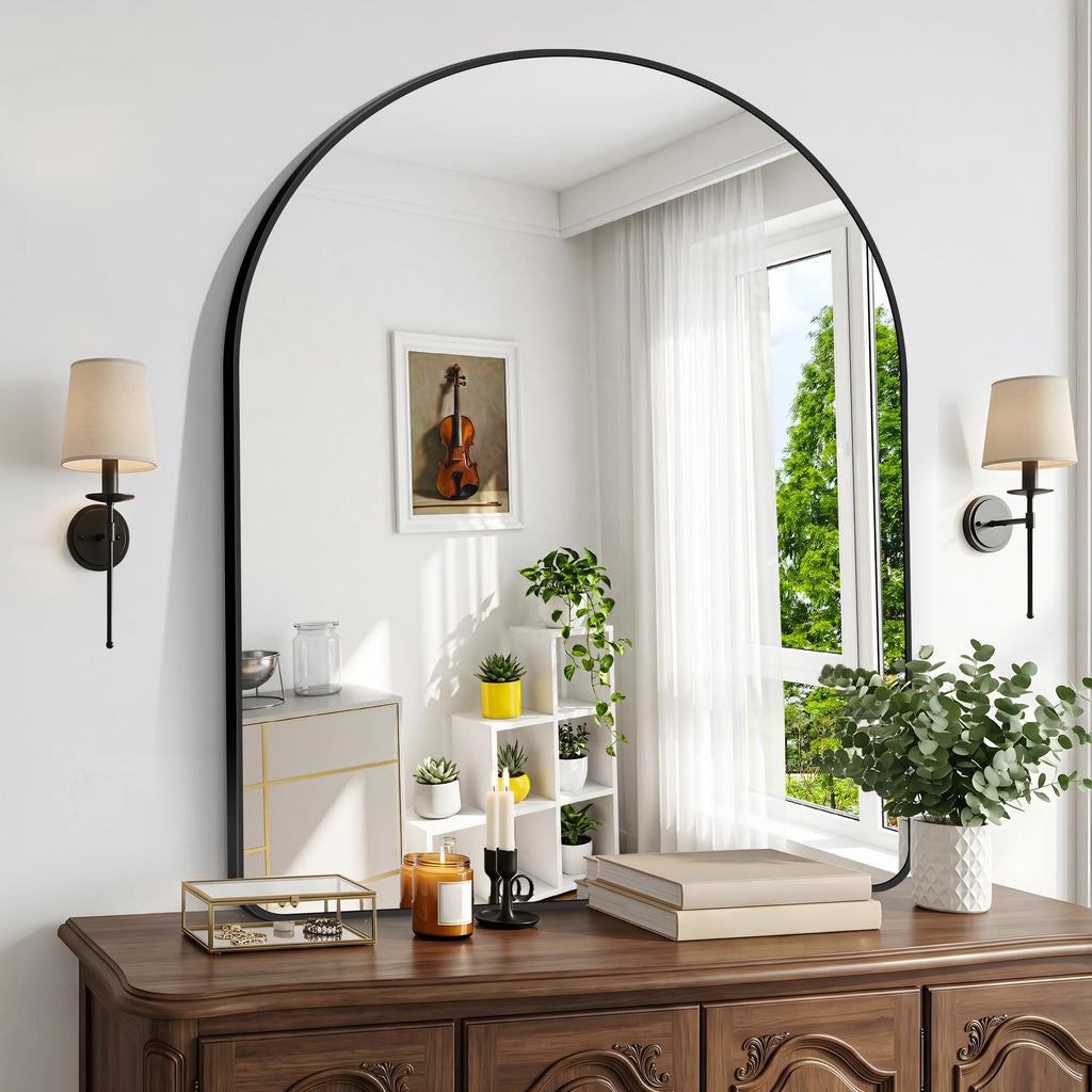 Arched Wall Mirror,40x48 inch Black Arched Mirror Bathroom,Large Vanity Mirror for Over Sink Metal Frame,Tempered