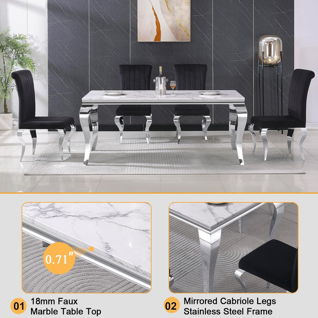 Modern Dining Table for 6-8, 68 Inch White Marble Kitchen Table with Silver Mirrored Cabriole Legs, Luxurious