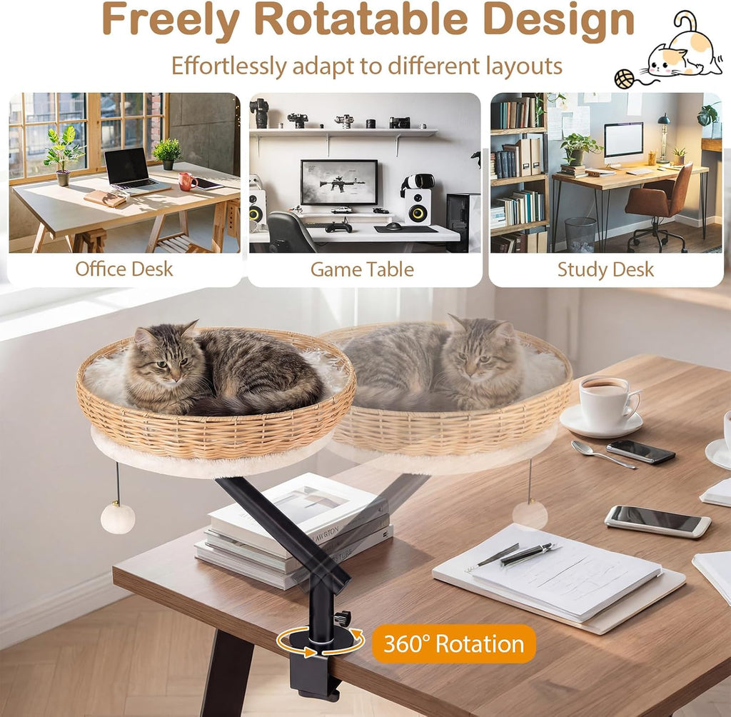 Cat Desk Bed, 360° Rotatable Rattan Desk Cat Bed Attachment with Removable Padded Cushion, Hanging Jingling Ball &
