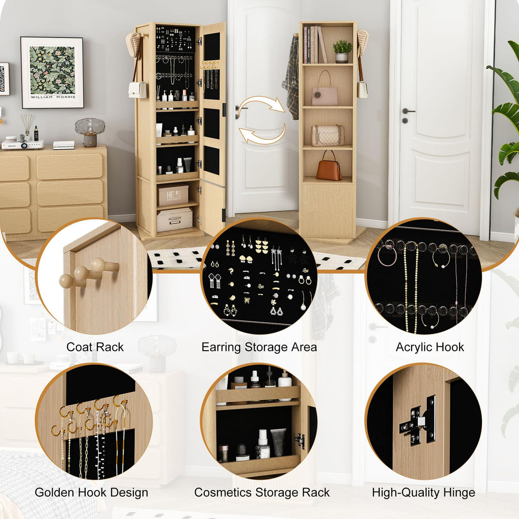 360° Swivel Jewelry Cabinet Makeup Jewelry Armoire with Full Length Mirror, Standing Storage Cabinet with a Coat