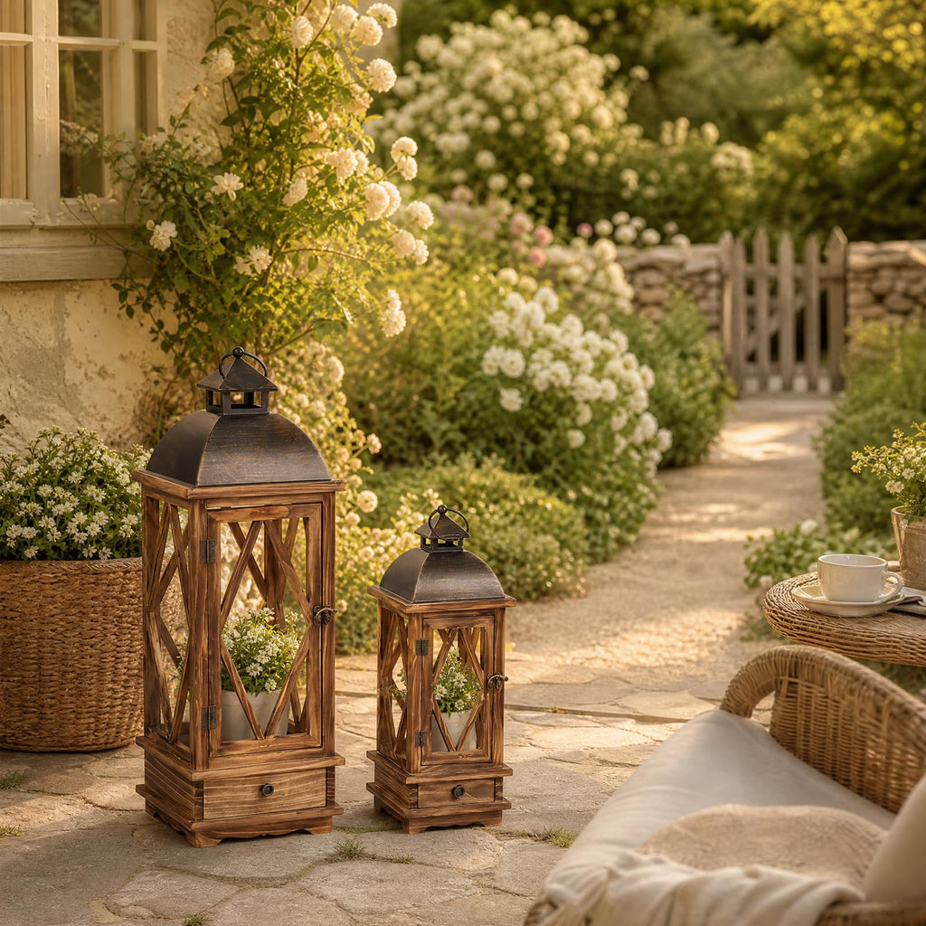 Wooden Candle Lanterns Set of 2, Rustic Farmhouse Indoor Outdoor