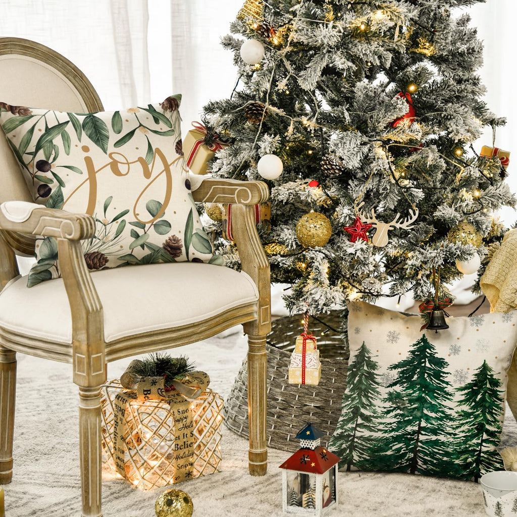 Merry Christmas Trees Snowflake Throw Pillow Covers, 18 x 18 Inch Joy Xmas Balls Winter Holiday Cushion Case - Set of 4