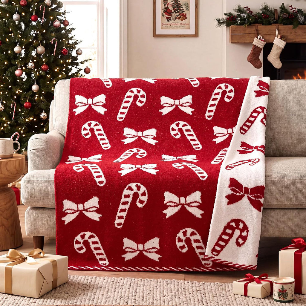 Red Candy Cane Bow Christmas Blanket Knitted Reversible Flannel