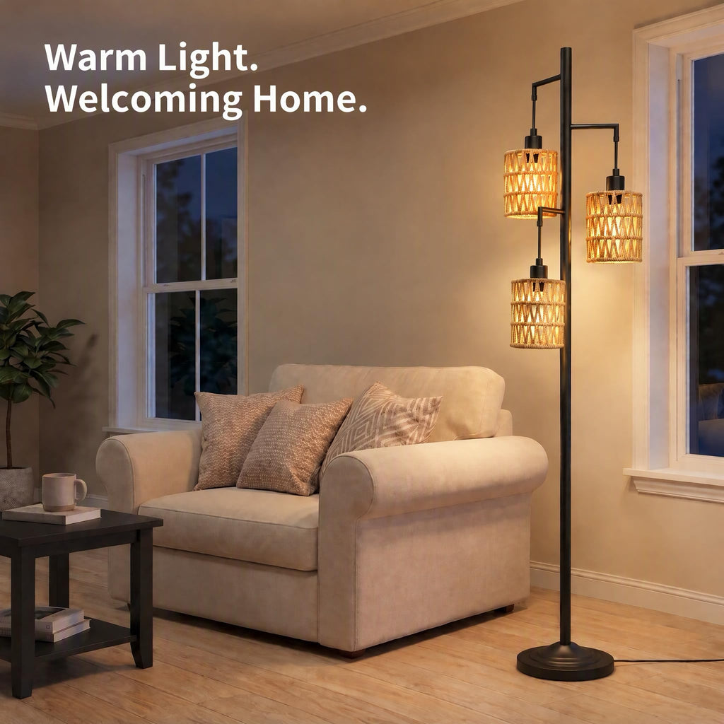 3 Lights Rattan Floor Lamps with ON/Off Foot Switch Tree Standing Lamp with Wood Rattan Lampshades Boho Floor Lamp
