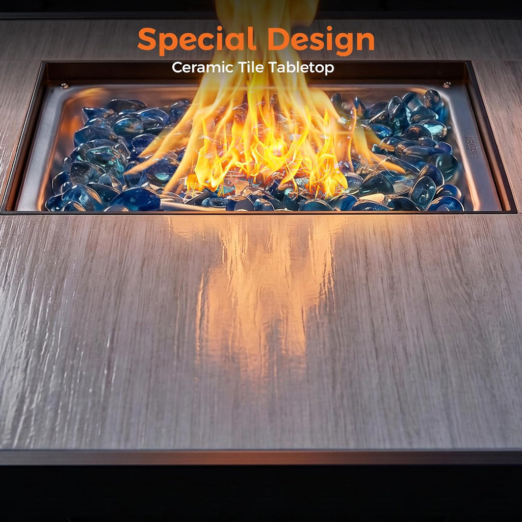 42 inch 50,000 BTU Rectangular Propane Gas Fire Pit Table with Fire Glass and Table Lid, Fire Pits Outdoor