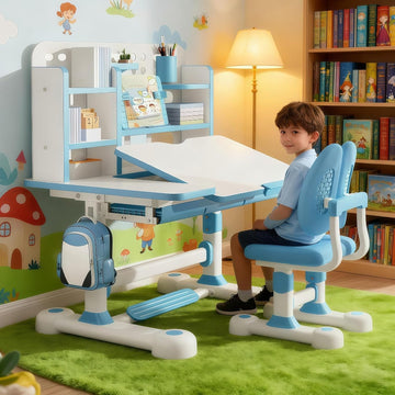 Kids Desk and Chair Set, Height Adjustable Kids Study Table with Widened Tabletop,Tiltable Reading Stand, Spine