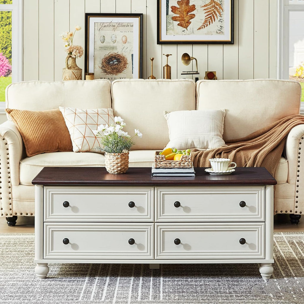 48" Farmhouse Coffee Table with Hidden Storage,Wooden Coffee Tables with 4 Drawers & Roman Column Handle,Rectangular