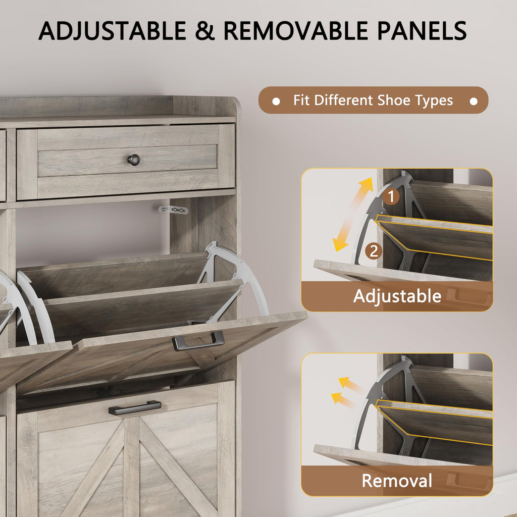 Shoe Cabinet with 4 Flip Drawers & 2 Top Drawers, 43" Tall Freestanding Narrow Wooden Shoe Storage Organizer, Hidden