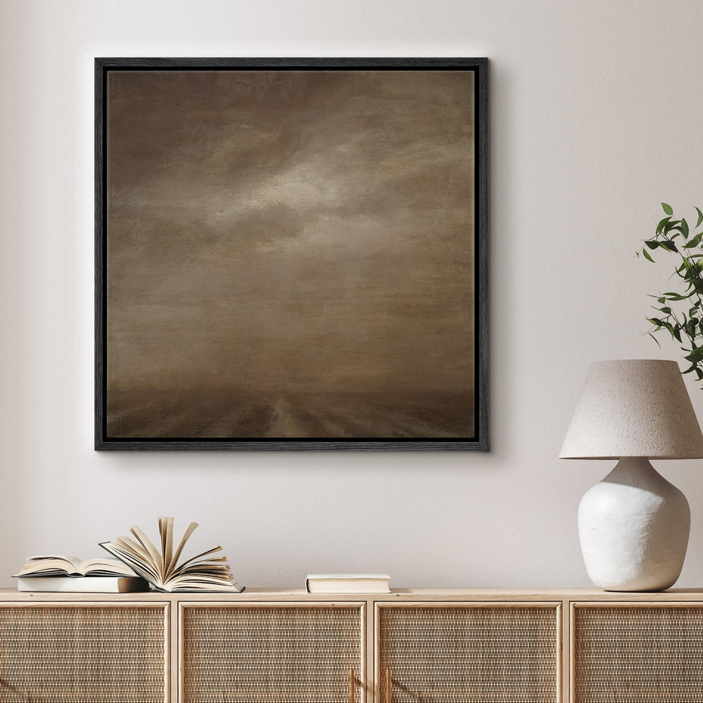 Framed Canvas Print Wall Art Misty Desert Horizon Earth Tone Landscape Illustrations Rustic Zen - 16"x16" Black