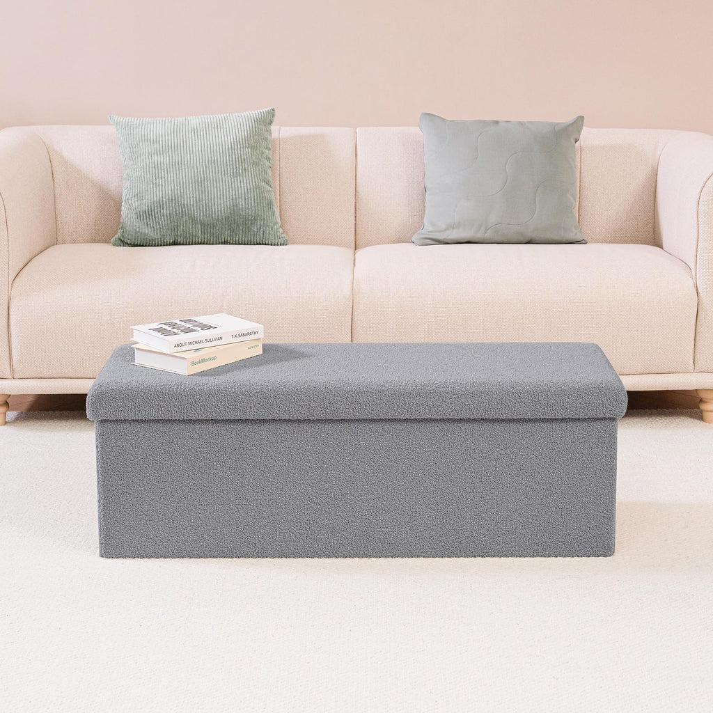 Folding Storage Ottoman Bench, Grey Boucle Square