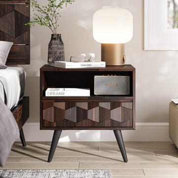 Georgina Wood Nightstand, 1 Drawer & Open Shelf, Mid Century, Walnut