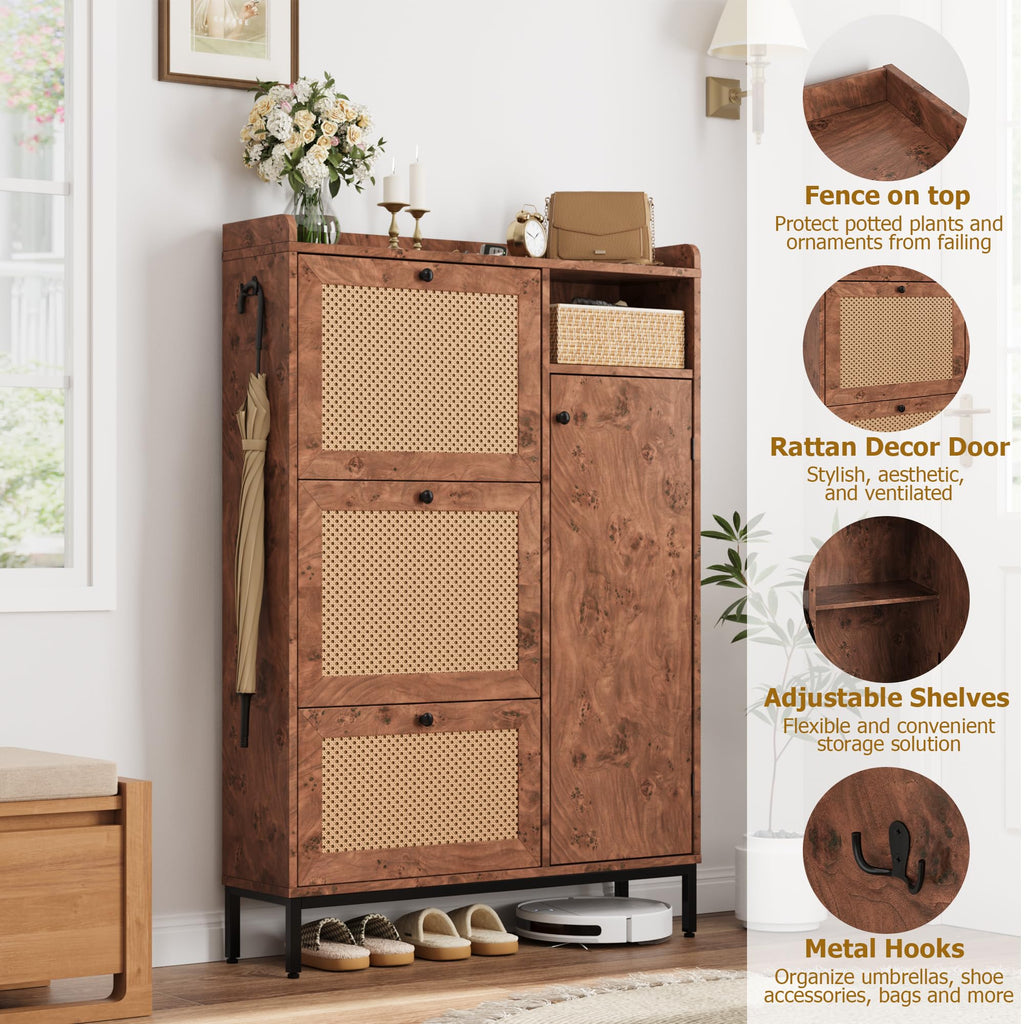 Shoe Cabinet Rattan with 3 Flip Drawers