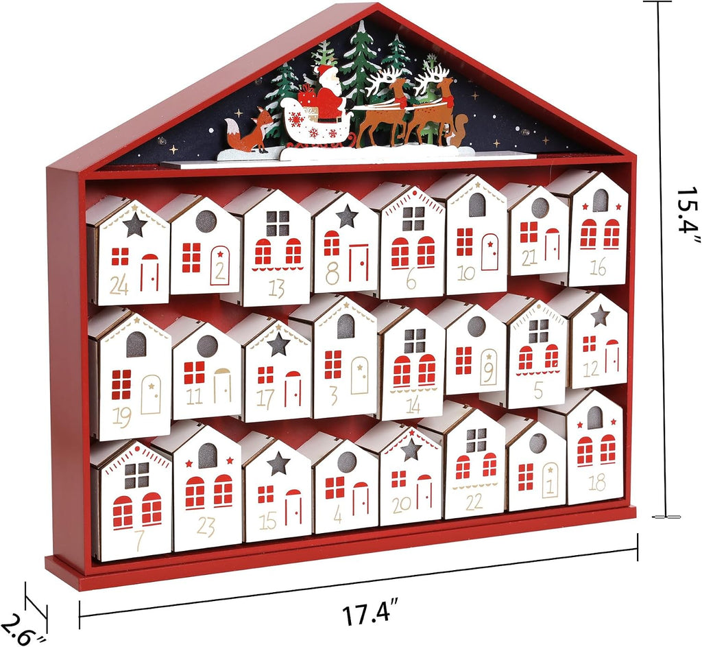Extra-Large Wooden Advent Calendar 2025 with LED Lights, Christmas Countdown Calendar, House-Shaped Drawers for Kids