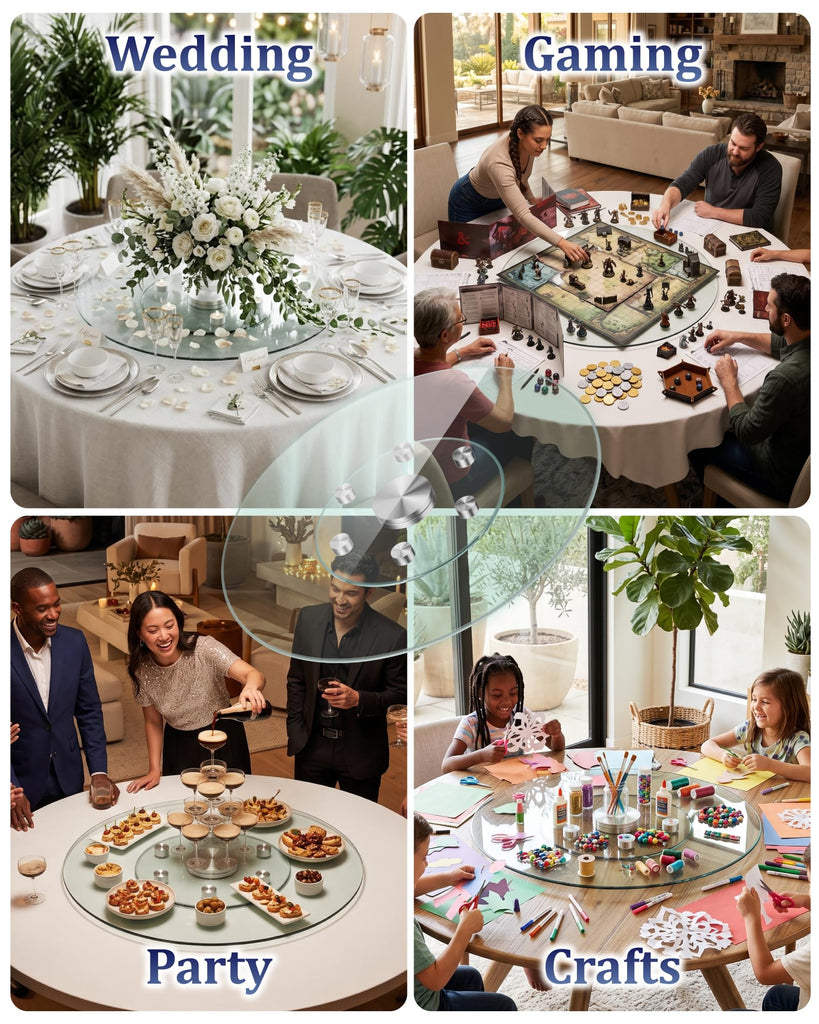 36" Glass Lazy Susan for Dining Table with 6 Rotating Wheels Table Top Centerpiece Kitchen Turntable Large Round