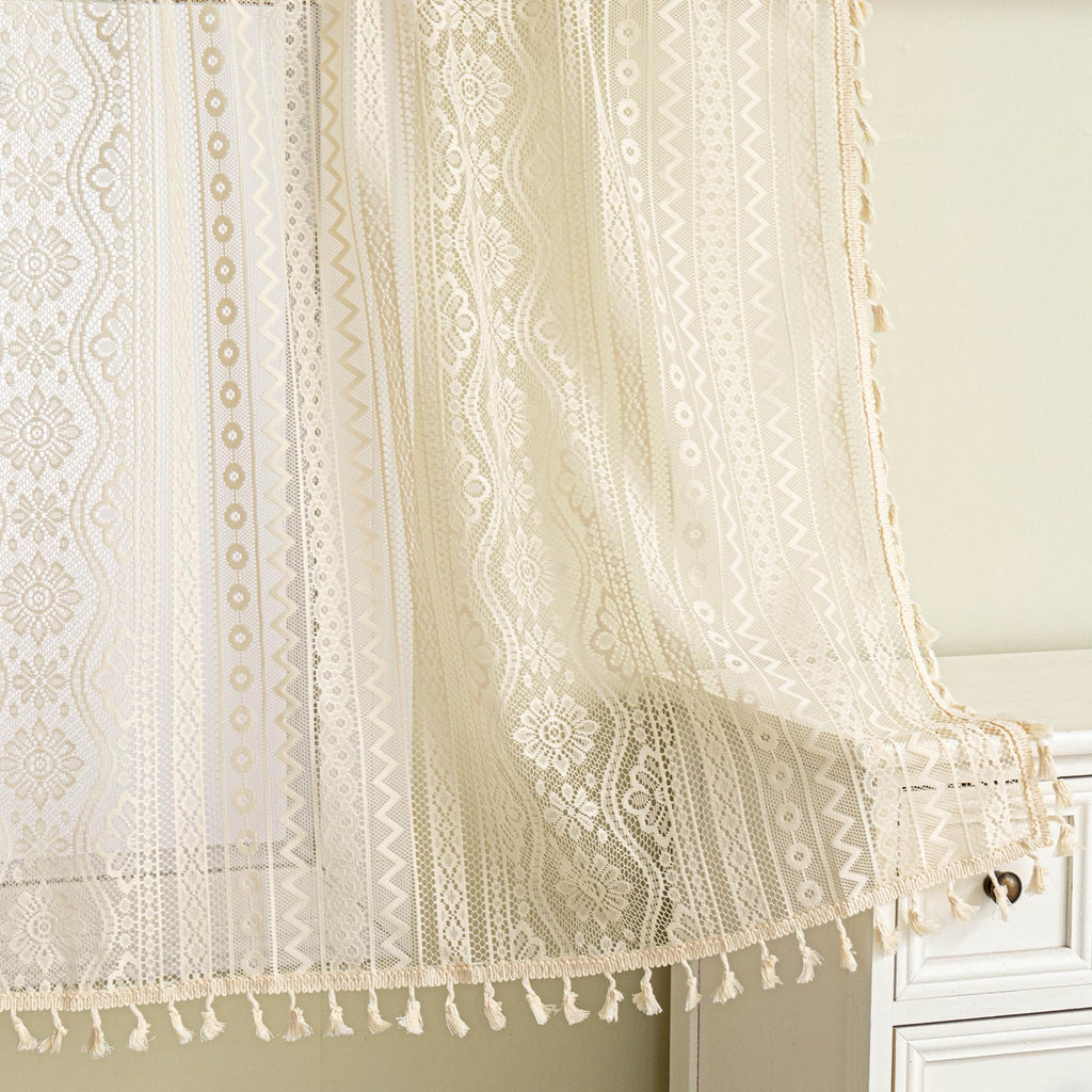 Beige Lace Tier Curtains 24 Inch Length 2 Panels Kitchen Cafe Sheer Short Boho Half Country Rod Pocket Curtains for