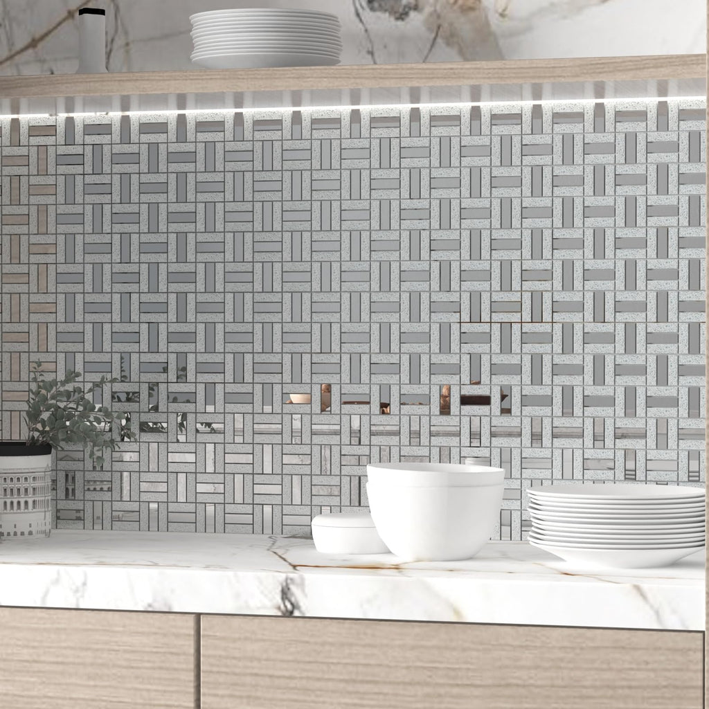 Crystal Diamond Mirror Mosaic Tile Brick Glass Mosaic Tile Backsplash Bathroom Wall (6 Sheets, Silver Brick Flat