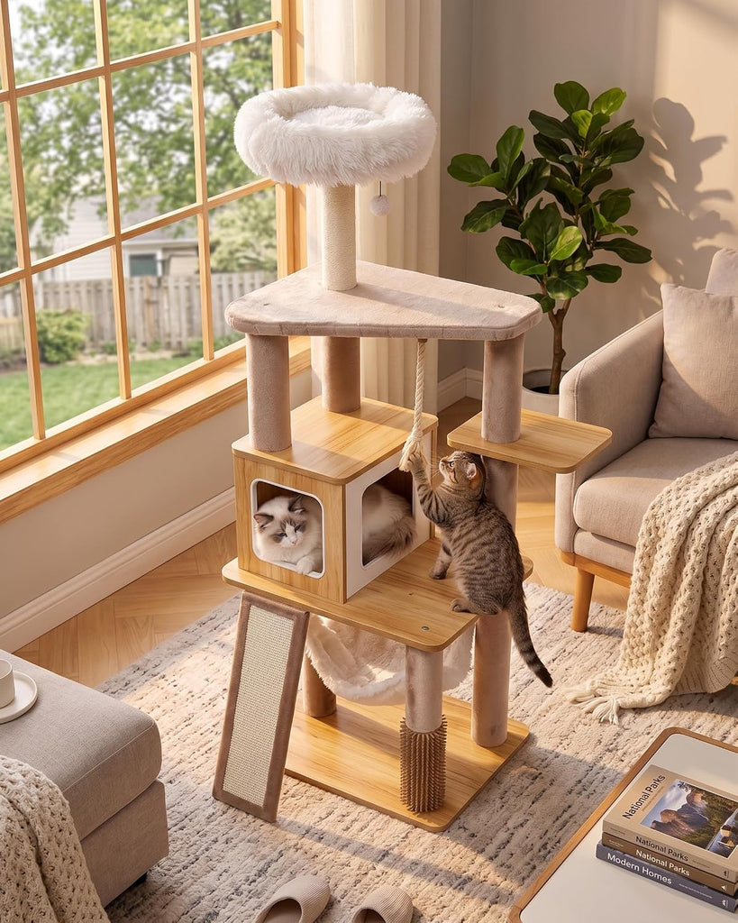 61" Modern Cat Tree, Tall Cat Tower with Self-Grooming Brush