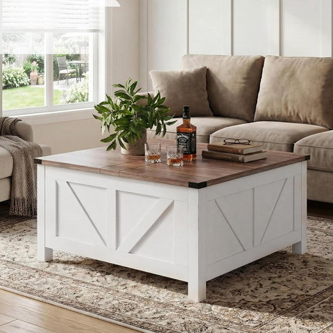 35” Farmhouse Coffee Table with Large Storage, Rustic Wood Lift Top Coffee Table