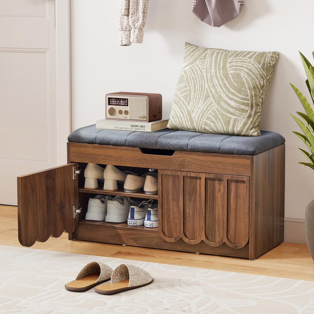 Shoe Storage Bench with Cushion, Entryway Shoe Cabinet Bench with 2 Scalloped Doors & Adjustable Shelf, 2-Tier Shoe