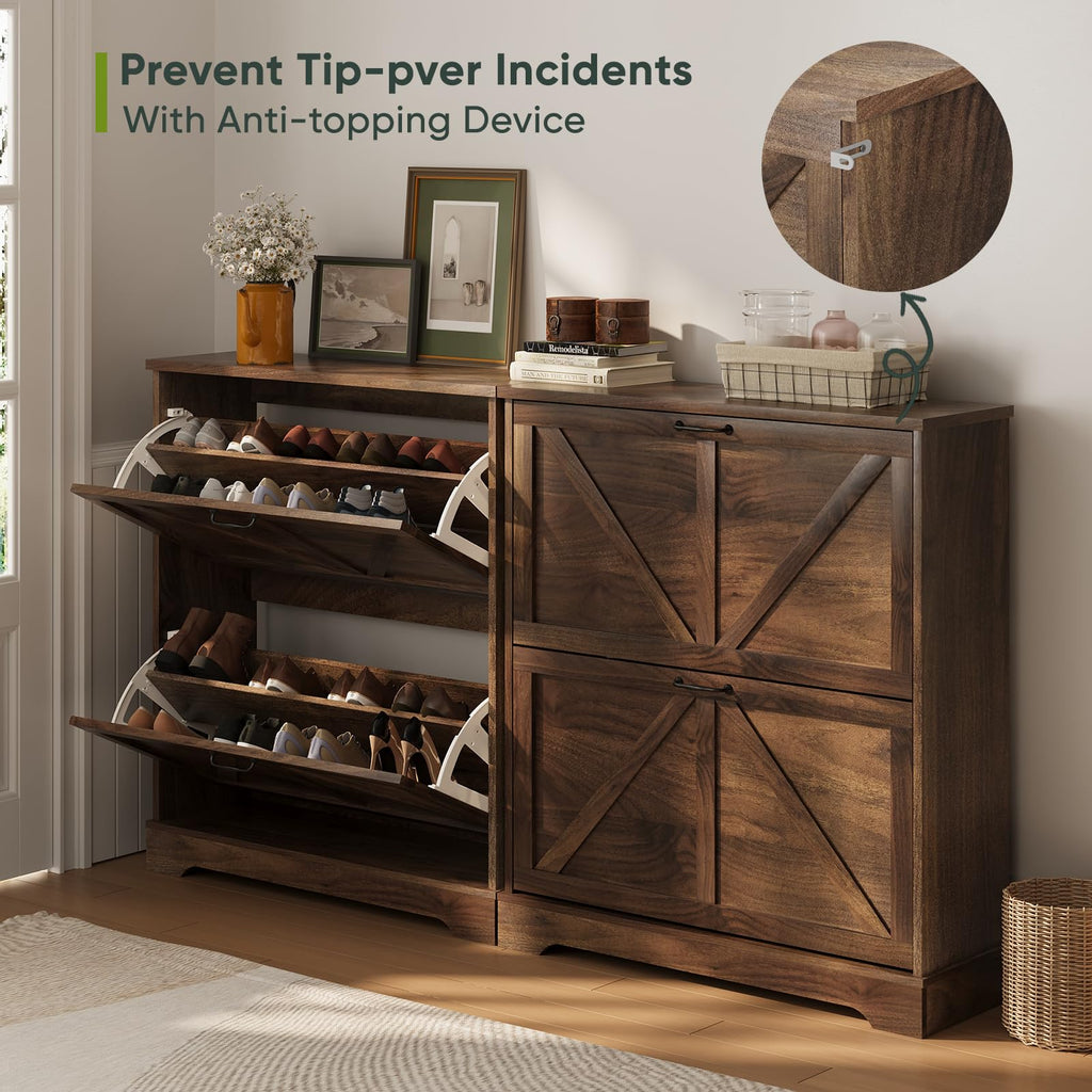 Shoe Cabinet, Shoe Storage Cabinet with 2 Flip Drawers, Narrow Farmhouse Shoe Organizer Cabinet, Slim Shoe Rack