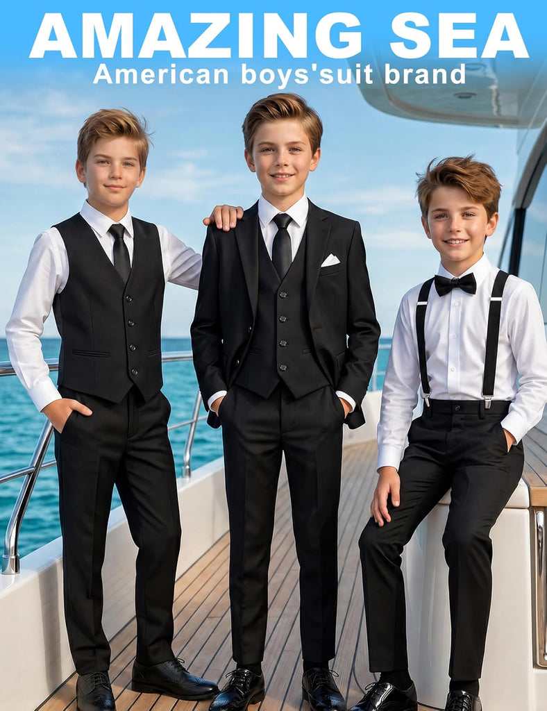 Boys Formal Suit Set, 3 Styling Looks, Adjustable Waist & Suspenders