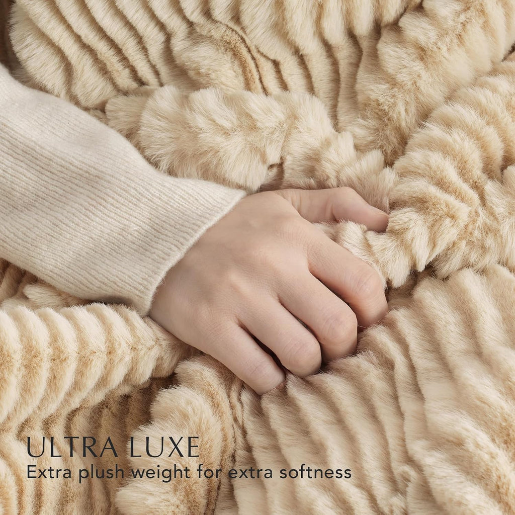 Faux Rabbit Fur Throw Blanket, 60''x80'', Beige | Ultra Soft, Luxury Sculpted Texture Faux Fur Blanket, Fluffy Thick