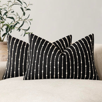Boho Striped Boucle Lumbar Throw Pillow Covers 12x20 Inch Black
