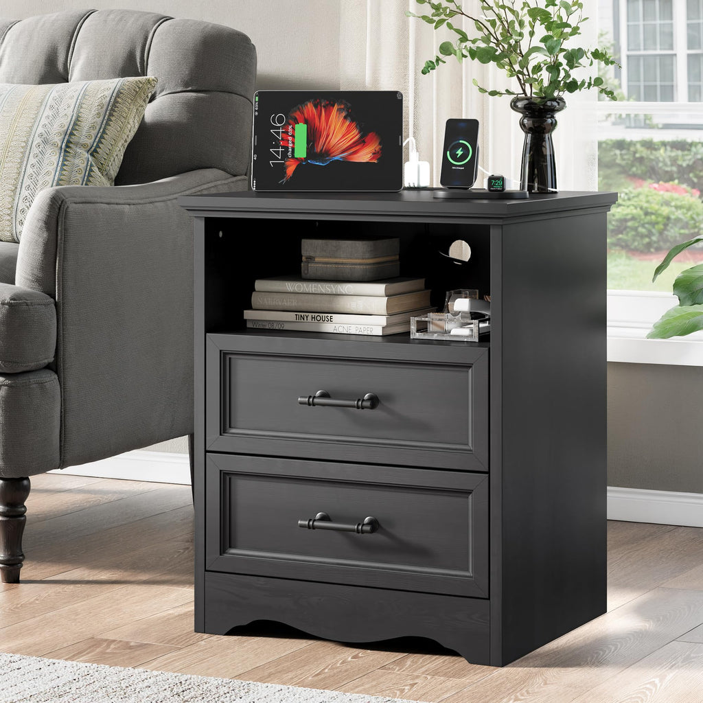 Black Nightstand with Charging Station, 19.7" 2-Drawer End Table