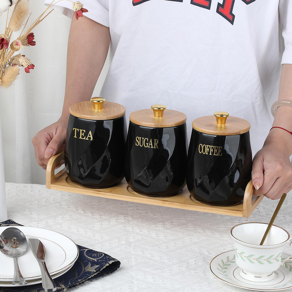 Set of 3 Ceramic Coffee Sugar Tea Canister Set with Lid and Tray