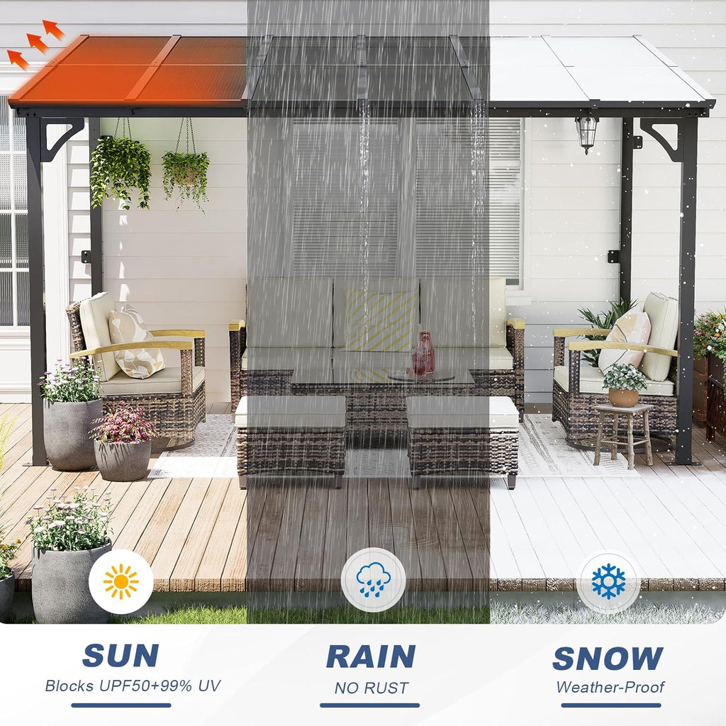 8' x 12' Wall Mounted Pergola, Lean to Metal Awnings, Sloped - Image 5