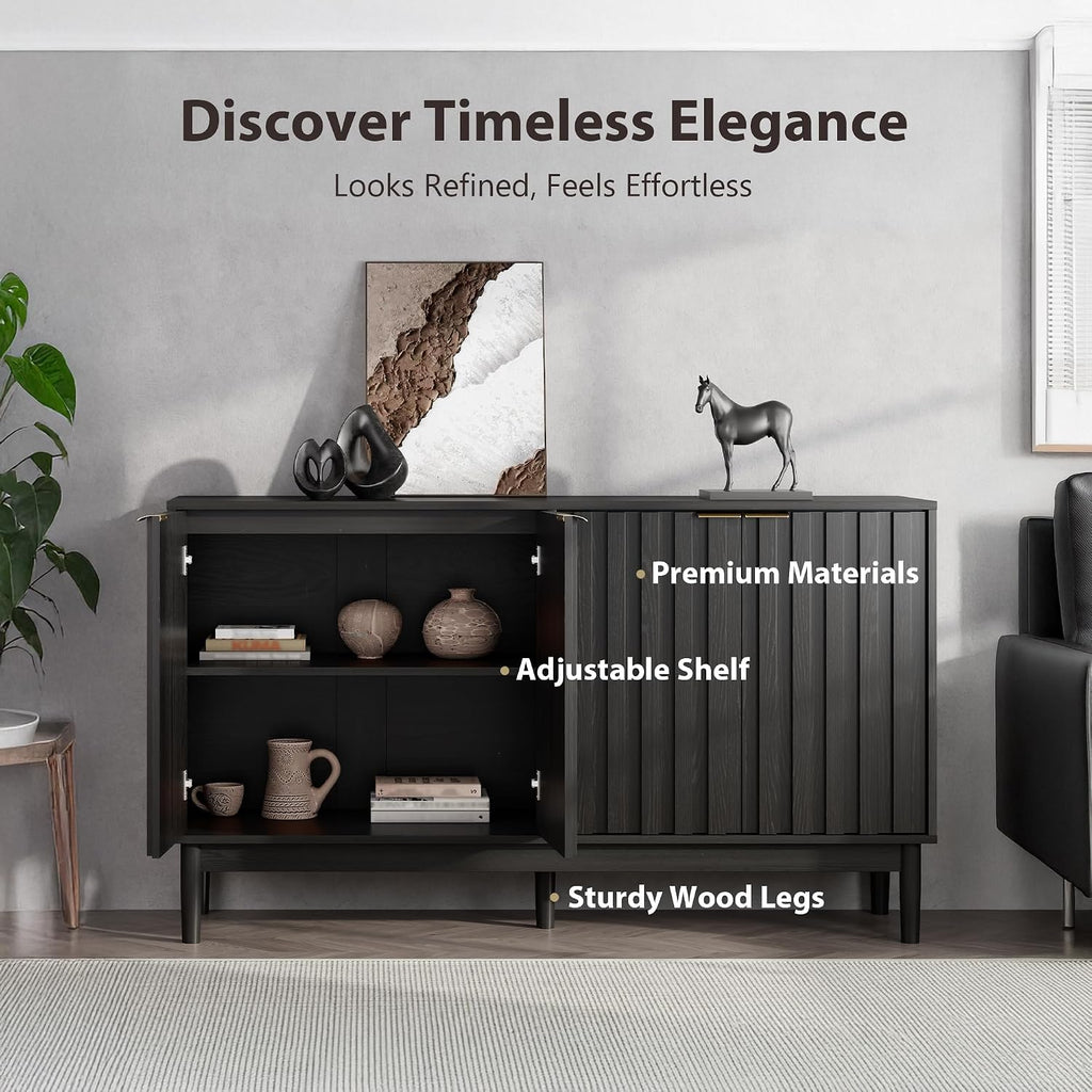 55" Fluted Buffet Cabinet with Storage, Accent Cabinet, Black | Wooden Sideboard with Adjustable Shelves, Accent