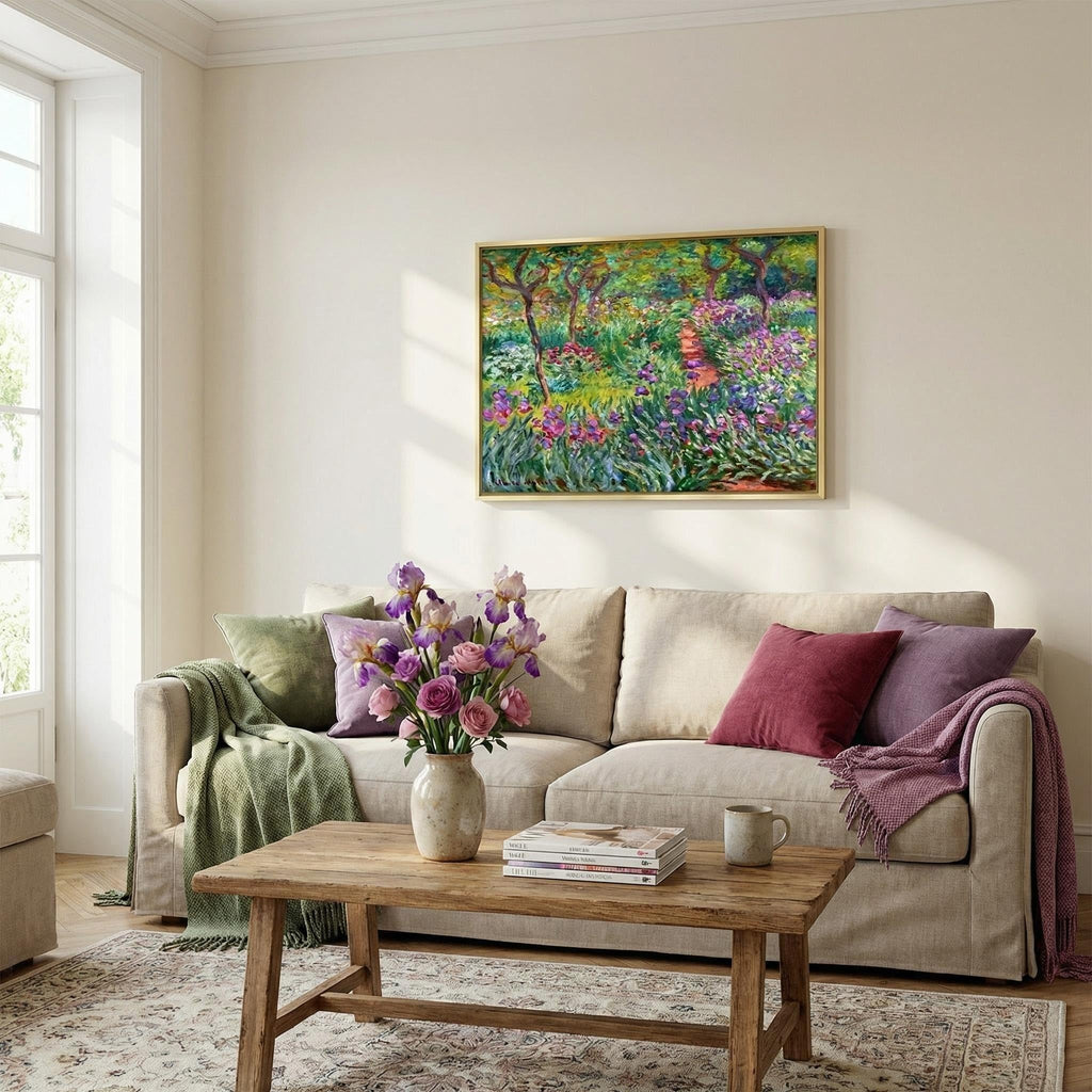 Framed Claude Monet Purple Gold Green Wall Art - Monet Canvas Wall Art with Water Lilies & Garden at Giverny