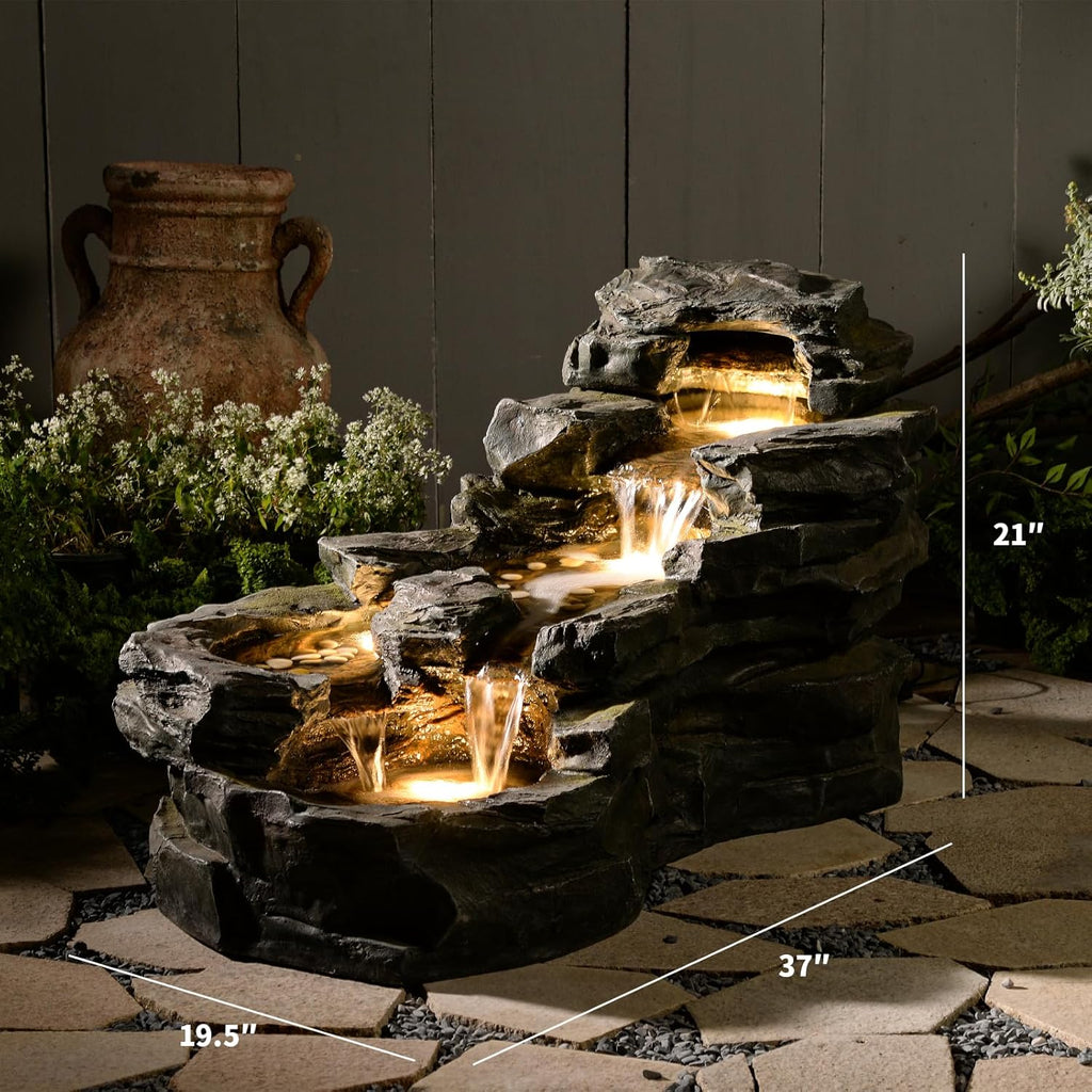 37" L Garden Outdoor Water Fountain, Floor Standing 5-Tiers Rock Natural Waterfall Outdoor Fountains with LED Lights